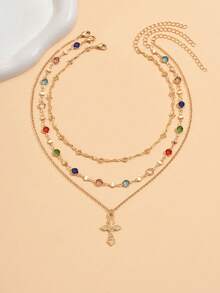 3 Piece Set Summer Elegant Colored Glass Rhinestone Handmade Chain Necklace With Cross Pendant, Fashion Layered Necklace For Women, Suitable For Daily Wear, Dating And Photography, The Colored Glass Rhinestones Are In Random Order And The Chain Length Is Customized - Multicolor - View 3