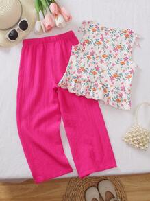 Set de 2 piezas para niñas pequeñas: Top sin mangas con volantes de estampado floral diminuto y pantalones largos de color rojo rosa, últimos diseños de moda para el verano