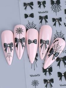 5D 万圣节蝴蝶结蜘蛛网指甲贴纸 2 件黑白蝙蝠蜘蛛网秋冬节日设计 DIY Y2K 自粘凝胶抛光贴花滑块沙龙美甲装饰配件美甲用品