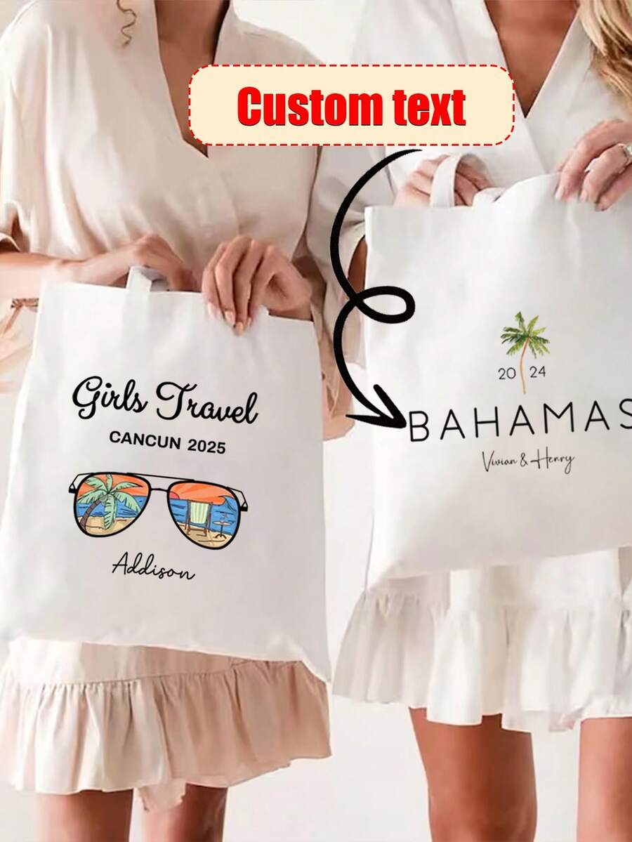 1PC Custom Printed Coconut Tree Pattern Letters Holiday Beach Bag Single Bag Beach Handbag Birthday Travel Party Bag Girls Suitable As Travel Gift Daily Party Return Gift Personalized Gift - Beige - View 1