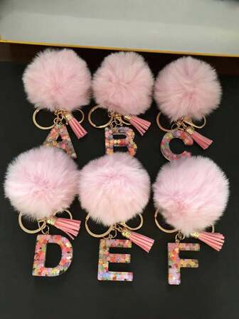 1 Pc Alphabet Initial Letter Keychain Cute Plush Pom Key Chain Ring Bag Backpack Charm Car Hanging Pendant Women Girls Gift,Cute Sequins Resin Key Chain,Wallet And Handbag Accessories, Keychain With Tassels,Alphabet Initial Letter A-Y School