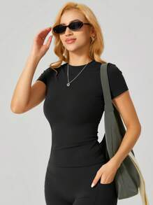 NcmRyu 1 Stück Damen nahtloses, elastisches, einfarbiges, modisches, vielseitiges, figurbetontes Sport-Kurzarm Top