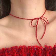 1 gargantilha com contas de cristal e laço vermelho para mulheres, corrente elegante para clavícula