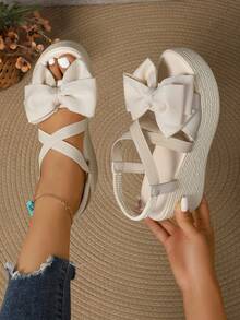 Women's Summer Sweet Elegant Bow Decor Cross Strap Slip-On Platform Sandals, Comfortable Polyurethane Sole, Suitable For Dresses, Pants, Casual, Vacation, Commuting - Beige - View 2
