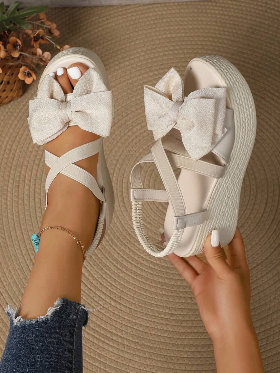 Women's Summer Sweet Elegant Bow Decor Cross Strap Slip-On Platform Sandals, Comfortable Polyurethane Sole, Suitable For Dresses, Pants, Casual, Vacation, Commuting