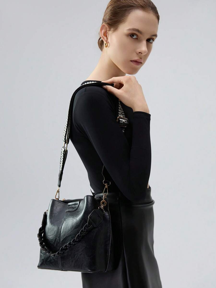 Bolso de cubo de unicolor con textura de moda de verano, bolso de hombro versátil retro de mujer, regalo de Navidad de invierno