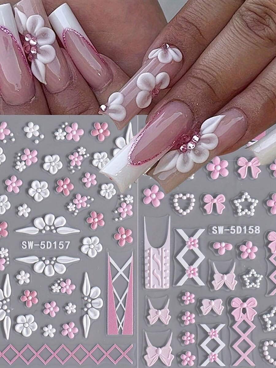2 Pieces Of Spring And Summer Valentine's Day Pink Love Flower Bow Nail Art Stickers - Pink, White French Sweet Love, Flower And Bow Art Design, 5d Relief Craft, Suitable For Women's Disposable Self-Adhesive Back Adhesive Nail Stickers, Summer Valentine's Day Sweet Style Heart Flower Theme Style, Easy To Stick Nail Decoration Stickers