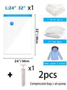 2 pièces Sacs de rangement sous vide de voyage d'été, sacs de compression économiseurs d'espace avec pompe manuelle, sacs sous vide grande capacité en PVC, sacs sous vide transparents, sacs de rangement sous vide multifonctionnels, sacs de rangement étanches, sacs de rangement résistants à l'humidité et à la moisissure, ensemble d'organisation de vêtements pour la maison, convient pour les couvertures et les couettes, rangement sous vide de vêtements, 1 pompe manuelle incluse