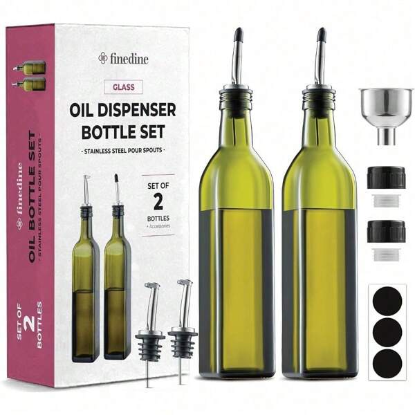 Oil Dispenser Bottle For Kitchen - Glass Oil Bottle Set - Oil & Vinegar Dispenser - Refill Funnel & Pouring Spouts & Labels