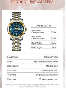 POEDAGAR 1pc Women's Elegant Waterproof Luminous Stainless Steel Quartz Wrist Watch, Casual Dual Date Display Watch, Fashion Ladies Watch, Suitable For Business Occasions, Women's Gift - Blue - View 7