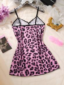 1pc Women's Sexy Nightgown, Leopard Print Contrast Lace Hem Slit Camisole Slip Dress - Purple - View 2