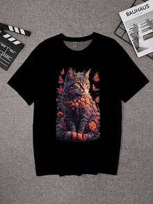 Camiseta estampada en blanco y negro puro 100% algodón - confección impecable. Manga corta con delicados estampados de ropa , perfecta para eventos culturales, reuniones de amigos, clubes de lectura y regalos con estilo, estampado con monograma, camiseta para hombre. - Negro (delantero) - Ver 3