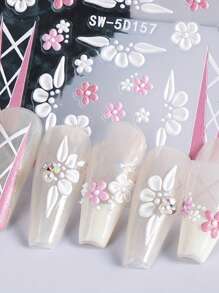 2 Pieces Of Spring And Summer Valentine's Day Pink Love Flower Bow Nail Art Stickers - Pink, White French Sweet Love, Flower And Bow Art Design, 5d Relief Craft, Suitable For Women's Disposable Self-Adhesive Back Adhesive Nail Stickers, Summer Valentine's Day Sweet Style Heart Flower Theme Style, Easy To Stick Nail Decoration Stickers