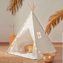 118 pollici Luci a catena a forma di stella con cornice in legno, Tenda da gioco per bambini da interno, Tenda tipica portatile per bambini, Tenda in tela per bambini, Tenda in poliestere per bambini e ragazze, Casa da gioco sicura e duratura (cuscino non incluso) 63*47*47 pollici