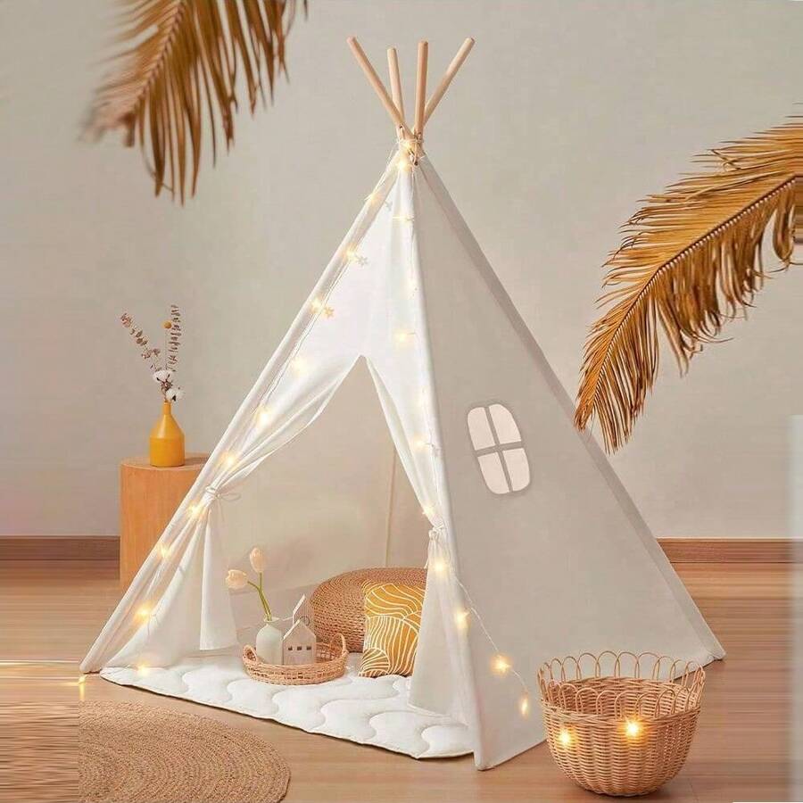 118 pollici Luci a catena a forma di stella con cornice in legno, Tenda da gioco per bambini da interno, Tenda tipica portatile per bambini, Tenda in tela per bambini, Tenda in poliestere per bambini e ragazze, Casa da gioco sicura e duratura (cuscino non incluso) 63*47*47 pollici