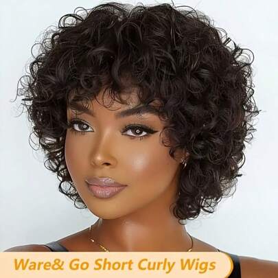 Pixie Cut Wig Human Hair 6 Inch Short Curly Wigs None Lace Front Human Hair Wigs With Bangs 180% Density Machine Made Pixie Cut Curly Wave Wigs 100% Human Hair Wig For Women Natural Color Human Hair