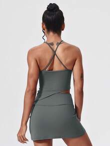 MASKERT Mono deportivo para mujer, conjunto de fitness, falda de tenis, mono colgante de cuello, mono de running fitness, mono de cintura expuesta, conjunto de yoga de alta elasticidad, casual en casa, cómodo y amigable con la piel - Neblina azul - Ver 2