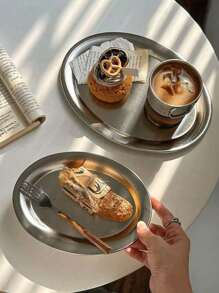 1pc Minimalist Stainless Steel Oval Tray, Serving Platter For Bread, Desserts, Coffee Cups In Cafe