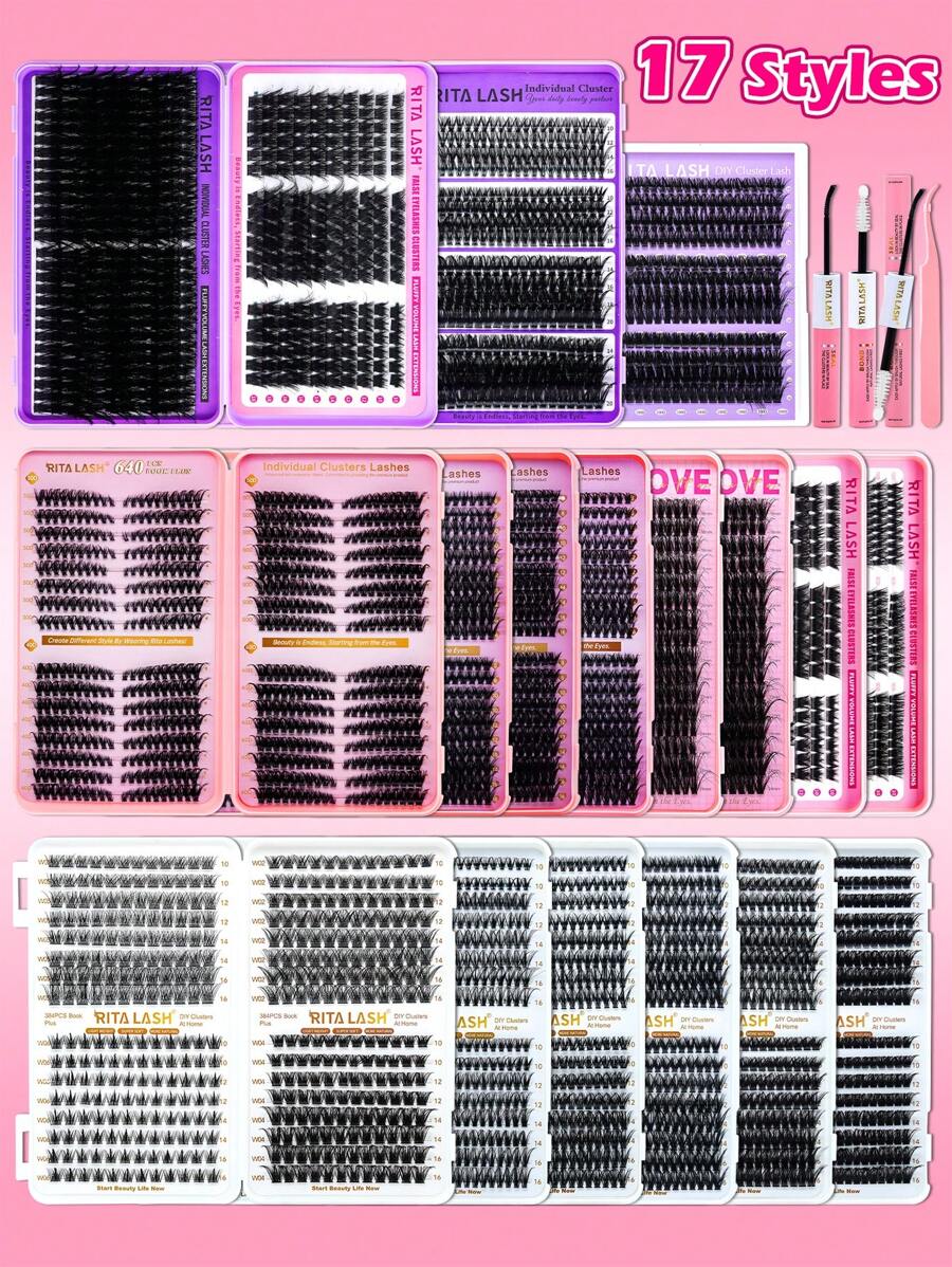 RITALASH RITALASH 640pcs/800pcs D Curl Individual Cluster Lashes 17 Styles Book Clusters DIY False Eyelash Extension Mix Length Natural And Comfortable False Eyelashes At Home For Daily Life&Dates And Party