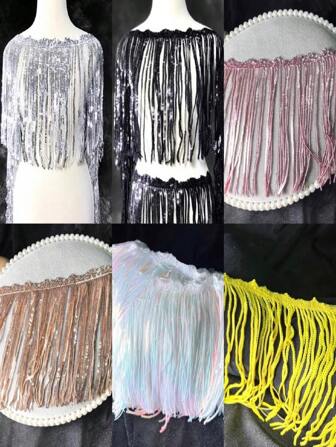 Extra Long 17CM Metallic Fringe Trim - Shiny Sequin Lace Trim For Gothic Steampunk Costumes, Showgirl Outfits, Festival Wear (1 Yard/Roll)