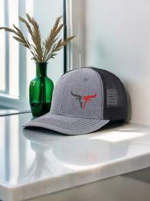 1pc Men's Patchwork Ox Print Adjustable Baseball Cap, Breathable Mesh Outdoor Riding Fishing Sun Protection Hat