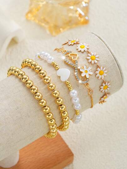 4/5pcs Elegant & Gorgeous Heart-Shaped, Daisy Flower Pearl Crystal Beaded Bracelet Set, Suitable For Summer, Daily, Vacation, Dates, Parties And Other Occasions
