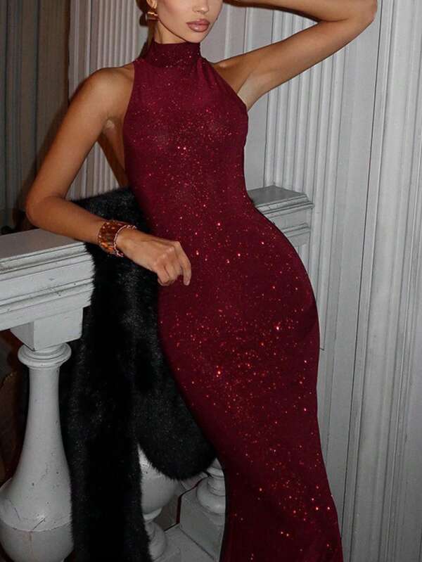 conciso Glitter Sleeveless Slim Women Sexy Elegant Shiny High Waist Spring Summer Maxi Dresses Evening Club Party Micro-Permeable