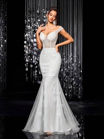 Spring Women Wedding Dress, Off-Shoulder Mermaid Embroidered Beads & Tulle, White Bridal Gown