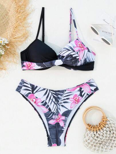 Solid Color Cute Back Tie Ruffle Hem Beach Floral Leaf All Over Print Boho Twist One Piece Swimsuit, Beachwear, Fitness, Date Night, All Season