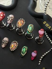 10 Peças Unhas Artesanais Estilo Boêmio, Design de Olho de Gato de Pitaia, Formato de Amêndoa Curto, Feito à Mão Clássico por Mulheres e Meninas, com 1 Peça de Gel e 1 Peça de Lixa anexadas