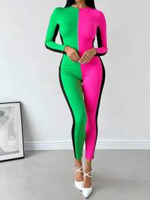 Mono jumpsuit palazzo dama mujer bicolor manga larga entallado asimetrico paneles contraste danza aerea circo vestuario disfraz - Rosa Fucsia - Ver 1