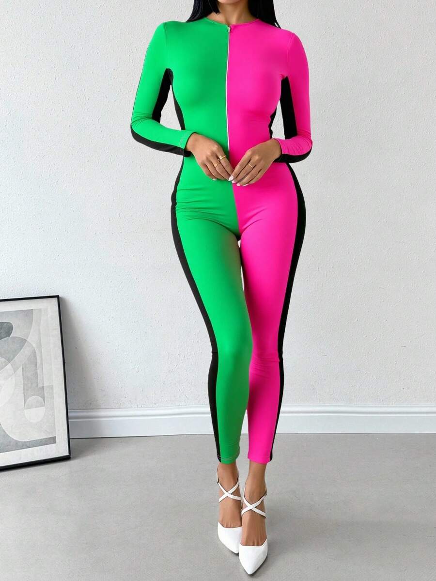 Mono jumpsuit palazzo dama mujer bicolor manga larga entallado asimetrico paneles contraste danza aerea circo vestuario disfraz - Rosa Fucsia - Ver 1
