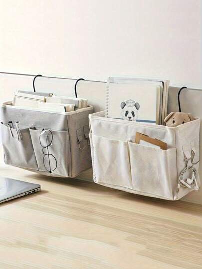 Organizzatore da comodino - Cestino appendibile da comodino con grandi tasche e ganci, organizzatore multifunzione in tela per letti a castello, camere da letto, letti d ospedale e piccoli appartamenti