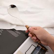 1/2pcs Stainless Steel Salad Service Spoon And Fork Set, Wooden Bamboo Handle, Western Style Fruit And Vegetable Mixing Spoon Salad Fork Salad Spoon, Dishwasher Washable,School Supplies - Multicolor - View 5