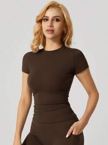 NcmRyu 1 件女式无缝弹力纯色时尚百搭修身运动短袖上衣 - 咖啡棕 - 查看 8