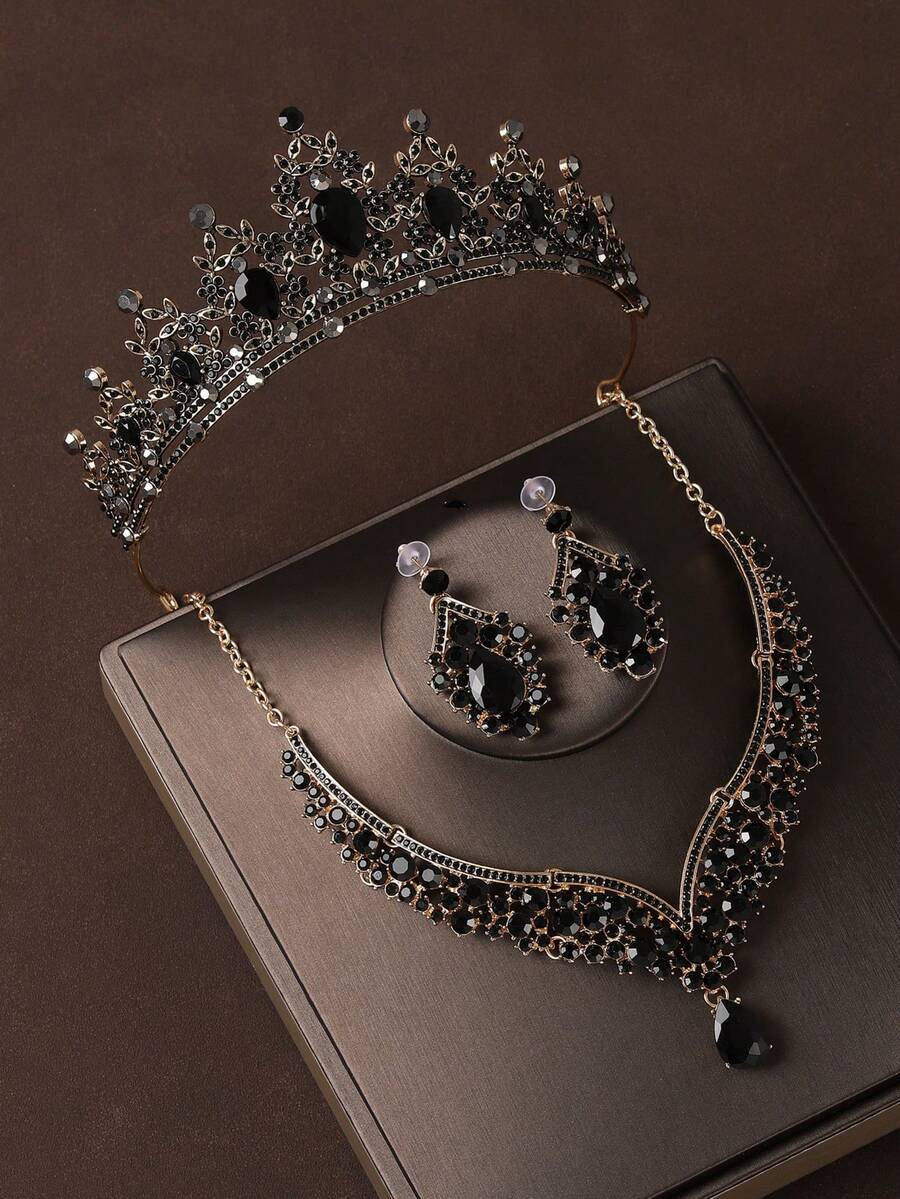 4 件黑色新娘首饰套装：皇冠、项链、耳环、优雅婚礼和派对配饰 - 黑色 - 查看 1