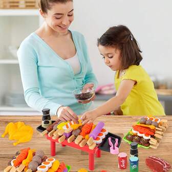 过家家儿童烧烤玩具套装，烤架，托盘，逼真食物，厨房烧烤串烤肉串套装，男孩女孩生日节日礼物