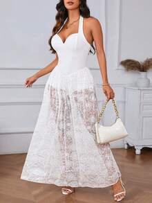 Elegant V-Neck Lace Patchwork Open Back Halter Bodysuit Dress
