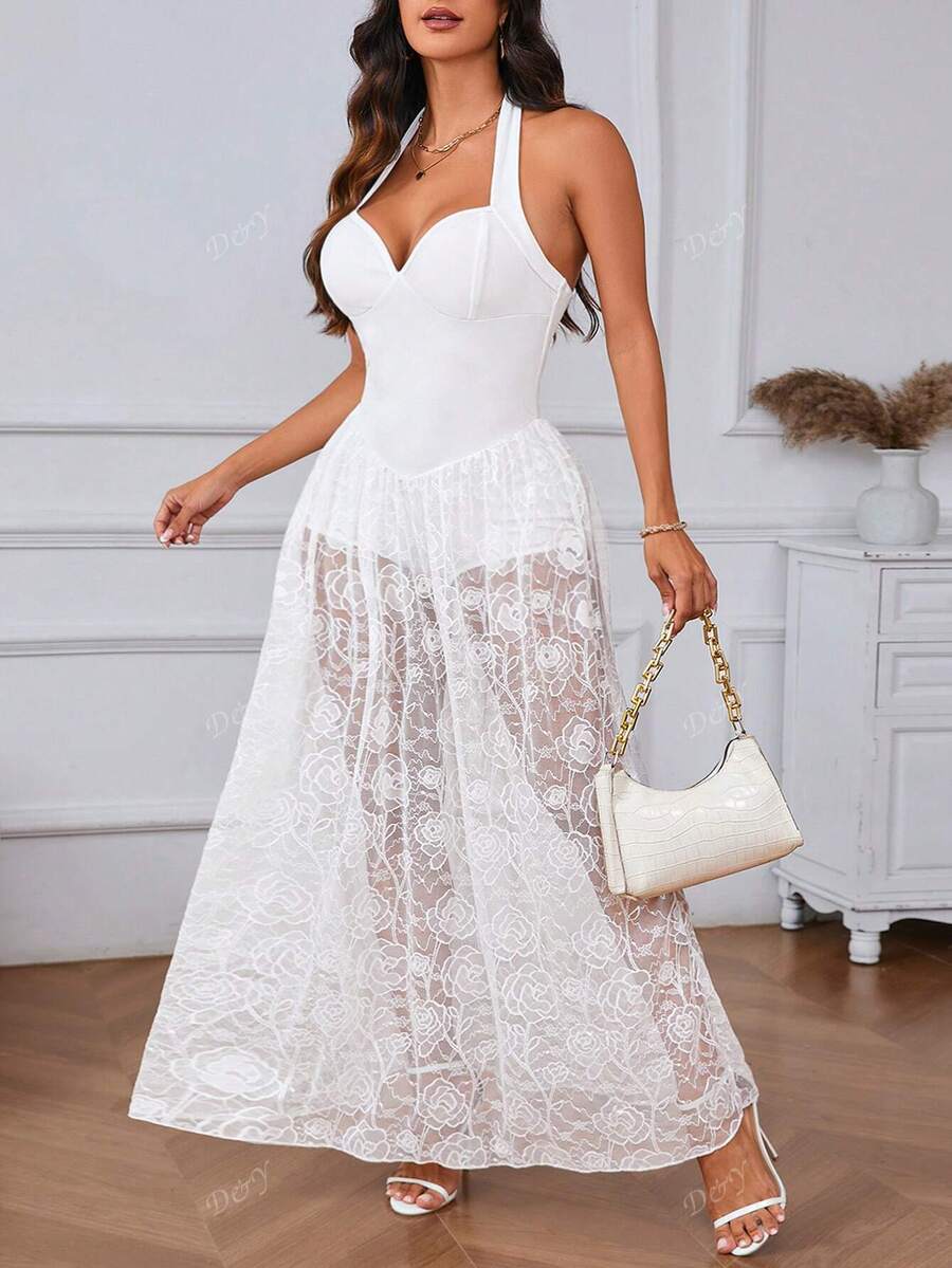 Elegant V-Neck Lace Patchwork Open Back Halter Bodysuit Dress