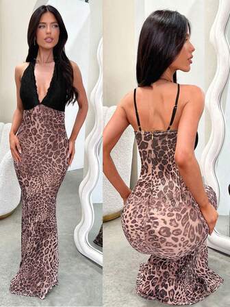 Women Elegant Contrast Lace Leopard Print Fish Tail Hem Party Dress