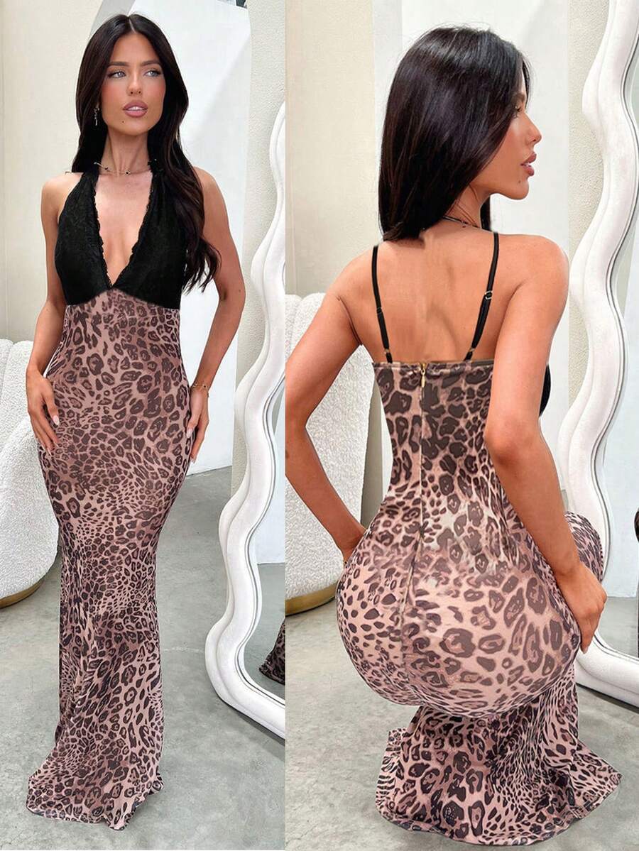 Women Elegant Contrast Lace Leopard Print Fish Tail Hem Party Dress