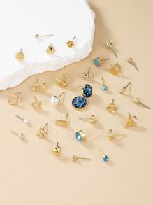 Set de 30 pares de Aretes tipo Pendiente de Perlas Falsas de Metal con diseños versátiles de conchas, lazos, flores, estrellas, corazones, redondos y geométricos, adecuados como regalo para mujeres y uso diario