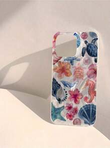 1pcs Bright Blue & Orange Seascape Shell Design Shiny Waterproof Shockproof Non-Slip Soft Phone Case Protective Cover, Compatible WithIphone