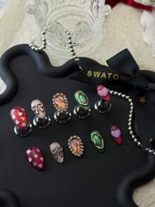 10 Peças Unhas Artesanais Estilo Boêmio, Design de Olho de Gato de Pitaia, Formato de Amêndoa Curto, Feito à Mão Clássico por Mulheres e Meninas, com 1 Peça de Gel e 1 Peça de Lixa anexadas