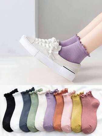 4 pares de calcetines de mujer con volantes lisos y dulces, calcetines de tobillo personalizados, de moda y lindos como regalo de Navidad