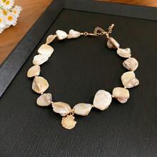 Andkiss 1pc Ocean Vacation Style Faux Shell & Pearl Asymmetrical Geometric Necklace
