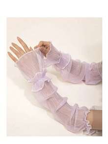 女士网状透明褶边袖口腕部手套，带褶边 - 紫色 - 查看 1