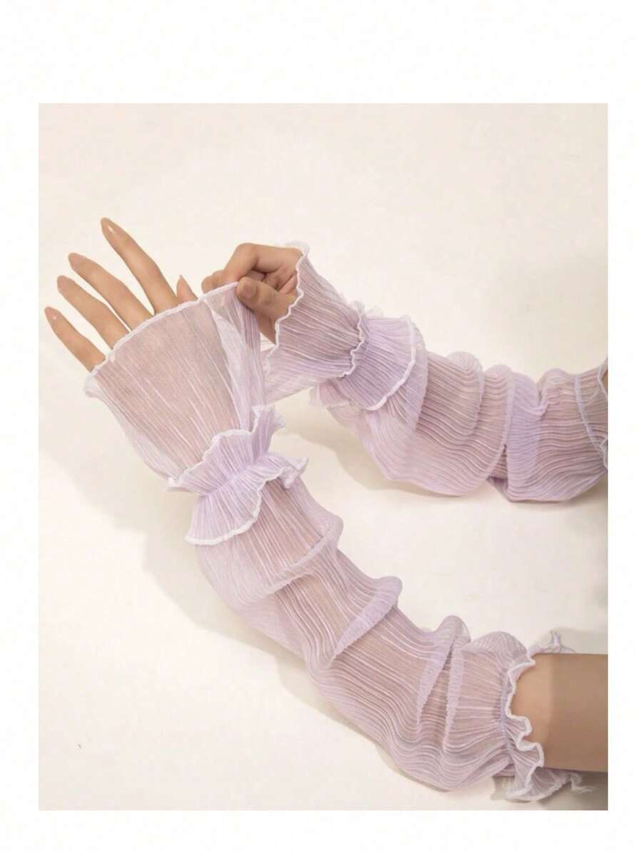 女士网状透明褶边袖口腕部手套，带褶边 - 紫色 - 查看 1