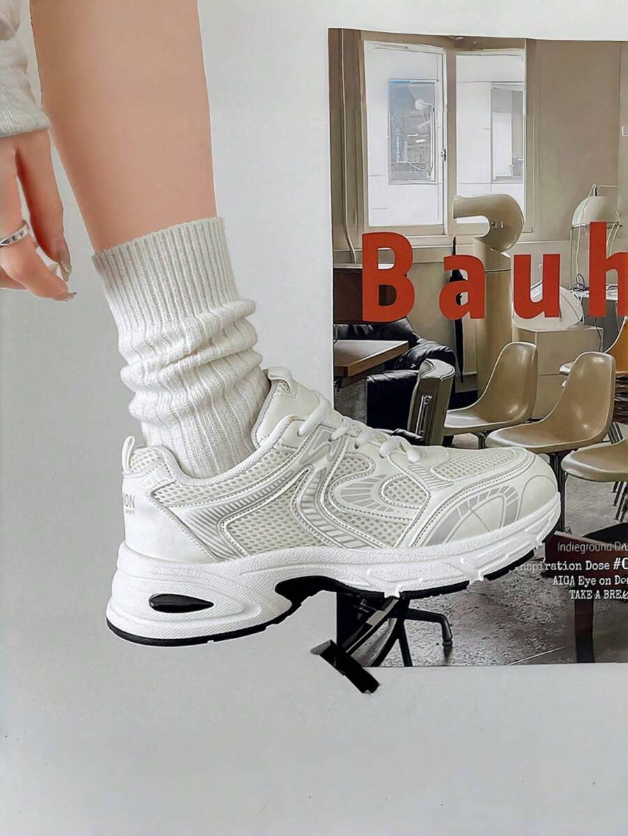 New Women Casual Sneakers, Preppy Style Chunky Sneakers, Lace-Up Round Toe Mesh & Leather Patchwork Breathable Versatile Printed Graffiti College Style Student Shoes, Outdoor Hiking Casual Commuting Shoes, Plus Size European Fit