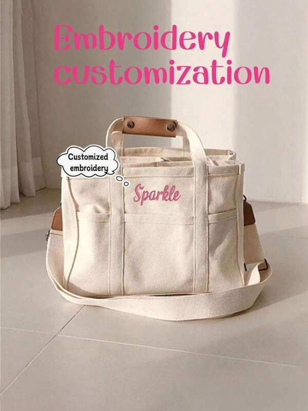 1PC Personalized Ins Multi-Compartment Mom Bag For Women, Multi-Functional Mother And Baby Bag Canvas Crossbody Bag, Large Capacity Embroidered Custom Letter Tote Bag, Fashionable And Versatile Portable Handbag For Moms To Go Out, Multi-Functional Diaper And Baby Bottle Storage Handbag With Stroller Hook Bag, Suitable For Daily Use, Can Be Given As A Gift To Family, Friends, Mother's Day Gift, New Mom Gift.